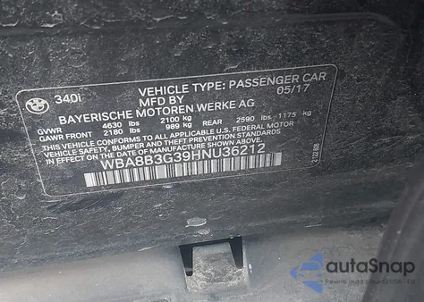 2017 BMW 340I z USA, uszkodzony, nr VIN WBA8B3G39HNU36212